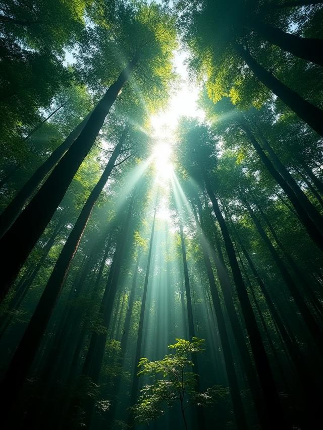 Lush green rainforest canopy from below