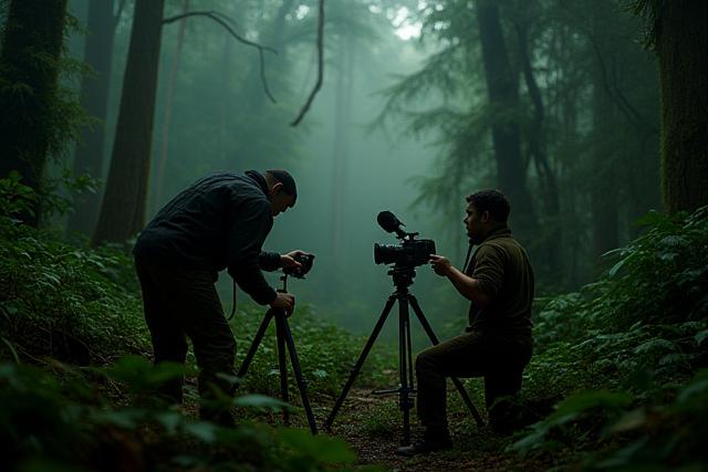 Film crew setting up camera in a lush rainforest